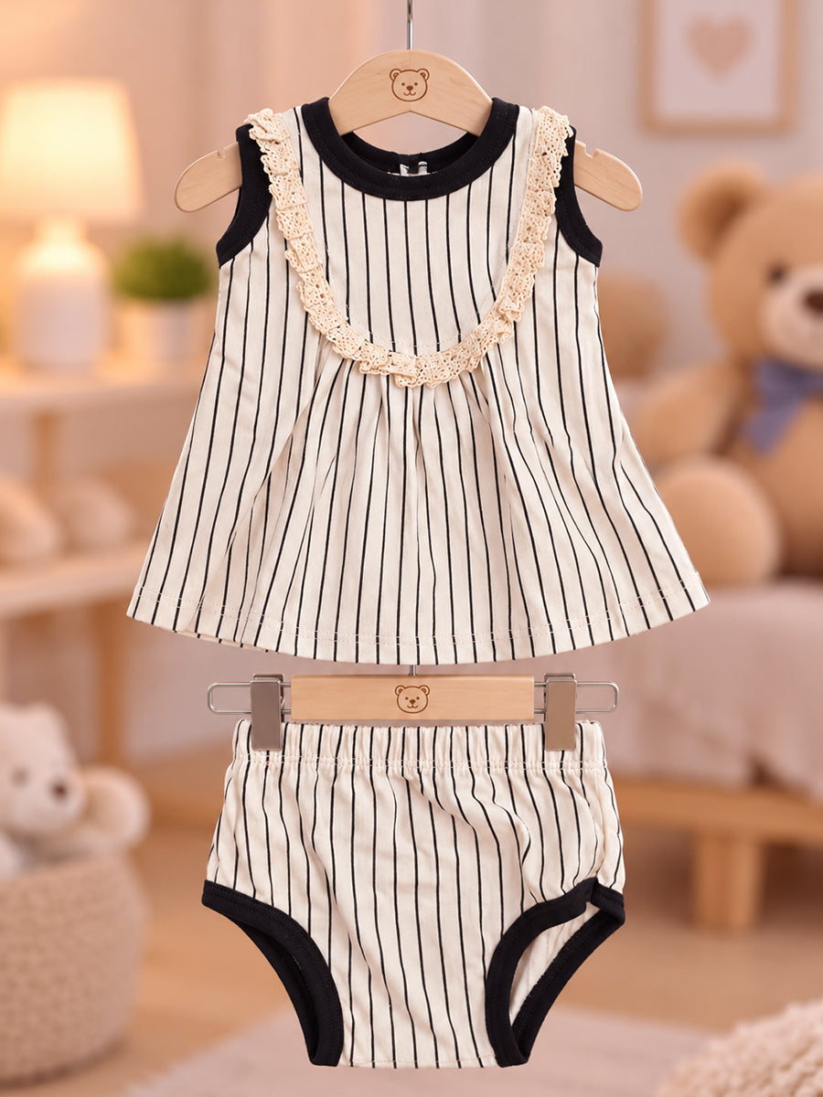 Ziva Baby Girl Frock with Pantie – Off White & Black Vertical Stripe | Elegant Lace Yoke | Premium Knitted Cotton | 2-Piece Set