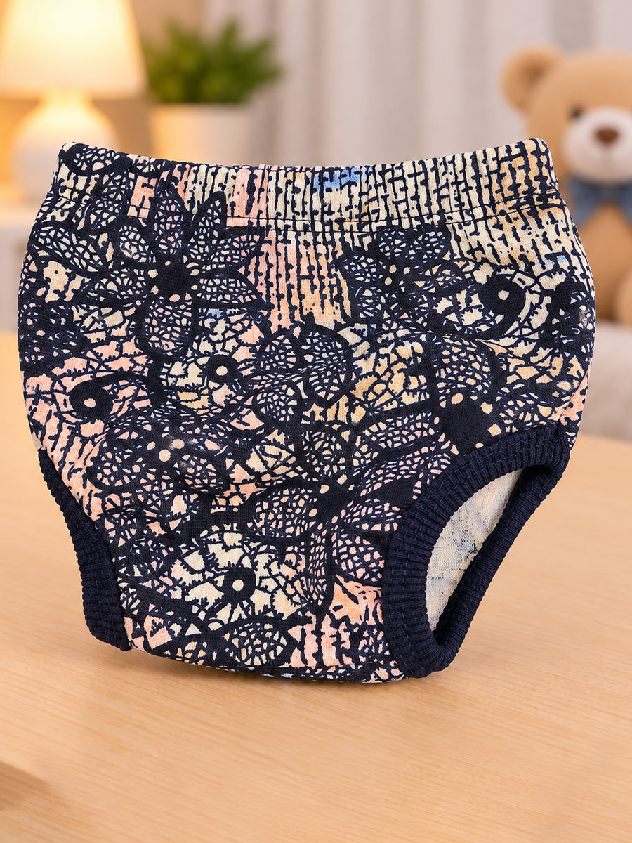 Ziva Baby Girl Frock with Pantie – Blush Peach & Navy Floral Lace Print | Premium Knitted Cotton | Lace Yoke | 2-Piece Set