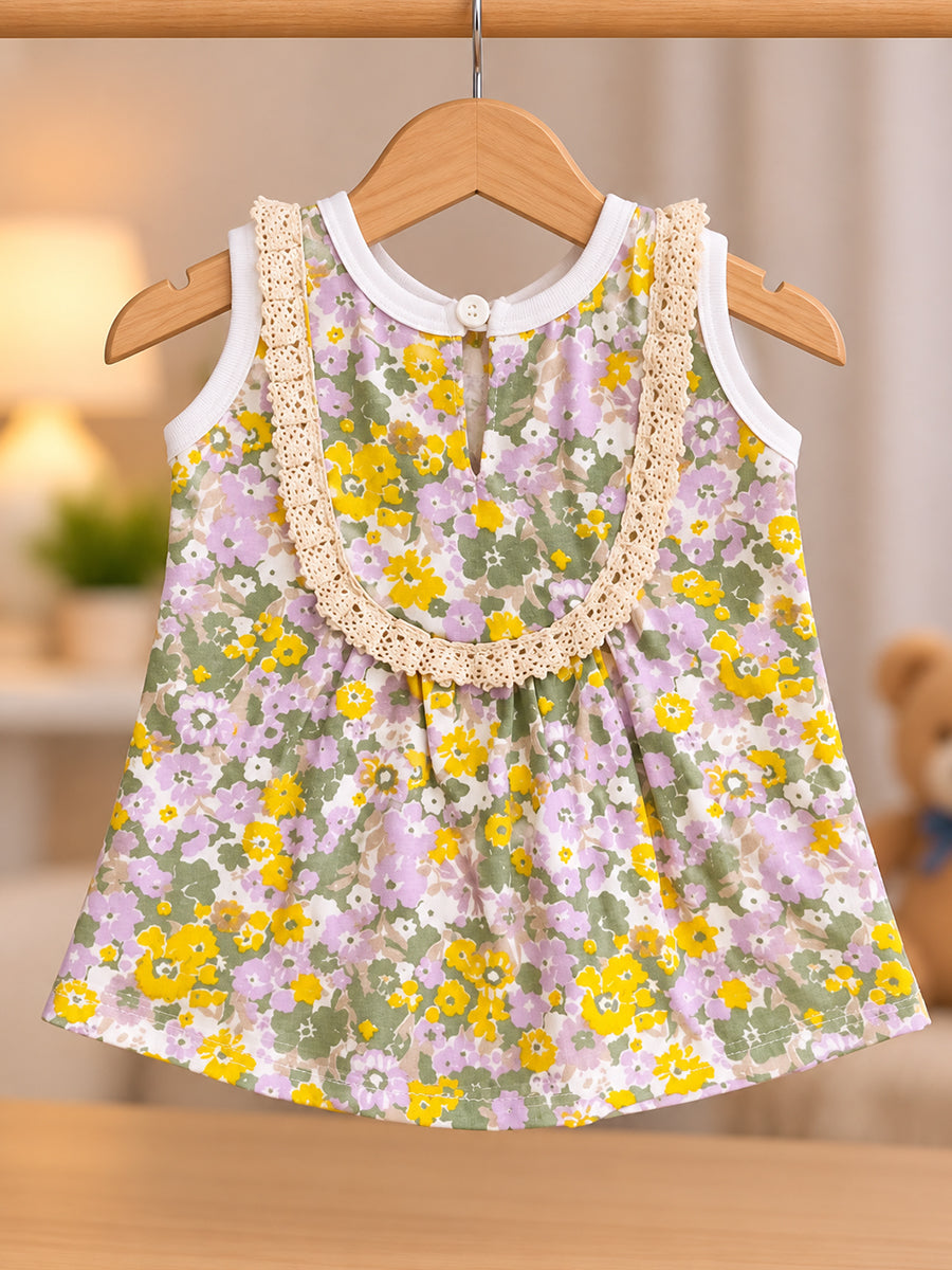 Ziva Baby Girl Frock with Pantie – Pastel Yellow & Lilac Floral Print | Premium Knitted Cotton | Cream Lace Yoke | 2-Piece Set