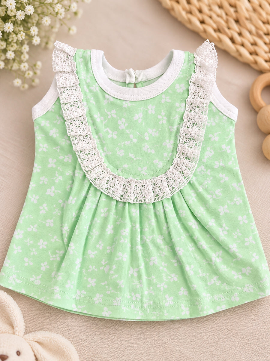 Ziva Baby Girl Frock with Pantie – Mint Green Tiny Floral Print | Premium Knitted Cotton | White Lace Yoke | 2-Piece Set