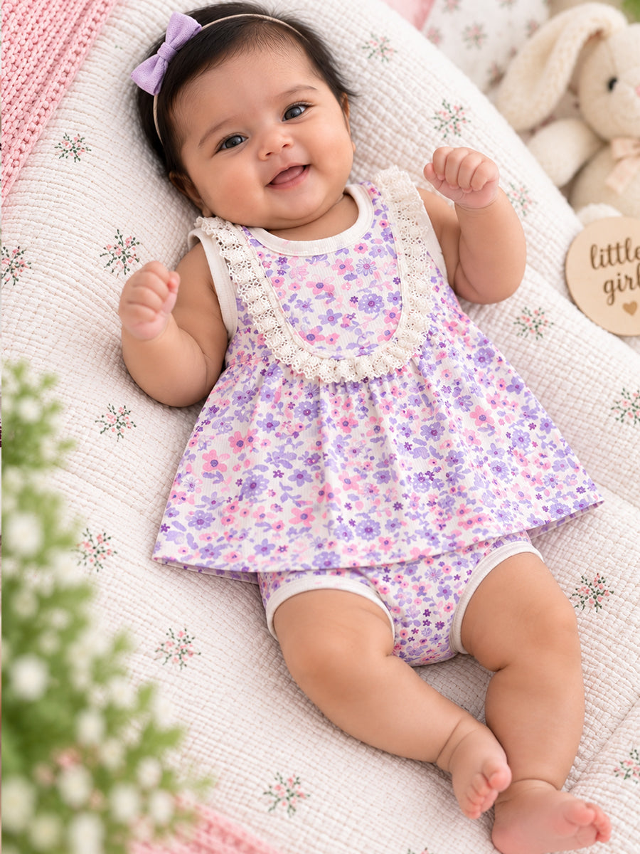 Ziva Baby Girl Frock with Pantie – Lavender & Pink Floral Print | Premium Knitted Cotton | White Lace Yoke | 2-Piece Set