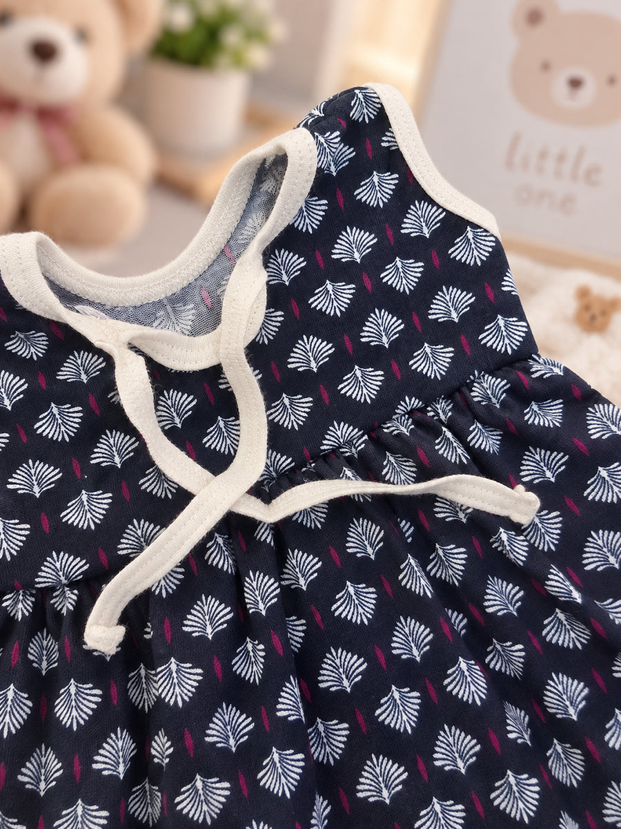 Ziva Baby Girl Frock with Pantie – Navy Blue Ethnic Motif Print | Premium Knitted Cotton | Back Adjustable Knot Tie | 2-Piece Set