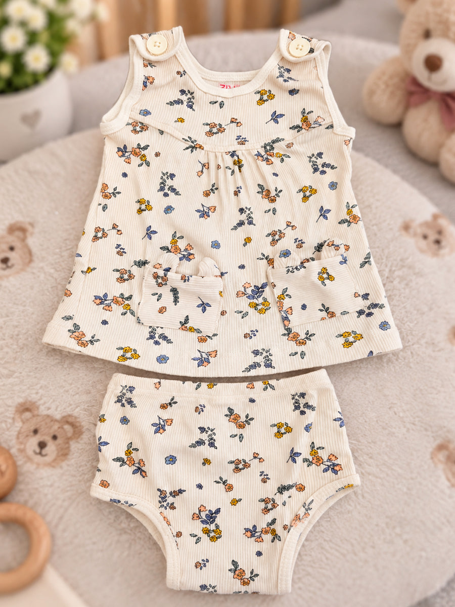 Ziva Baby Girl Frock with Pantie – Soft Ivory Tiny Floral Print | Premium Knitted Cotton | Shoulder Button & Front Pockets | 2-Piece Set