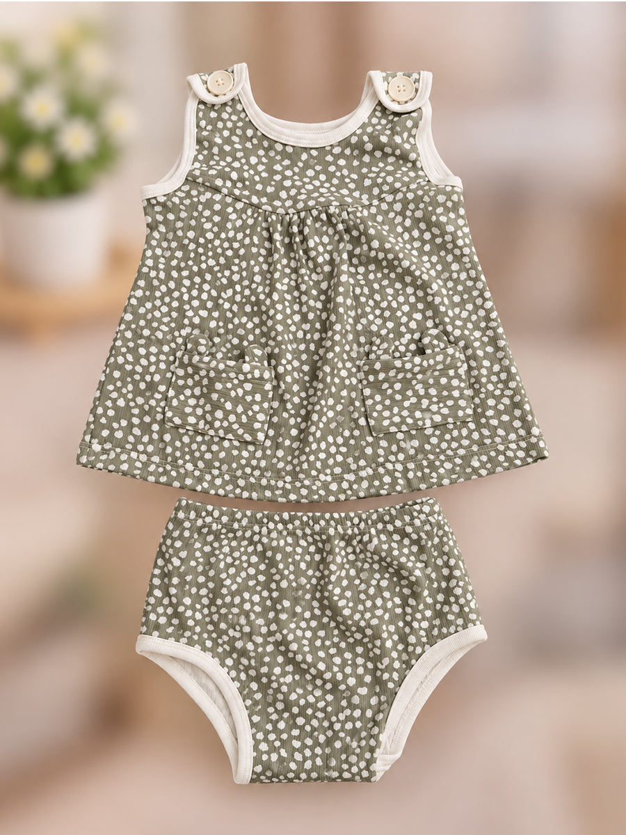 Ziva Baby Girl Frock with Pantie – Sage Olive Pebble Print | Premium Knitted Cotton | Shoulder Buttons & Front Pockets | 2-Piece Set