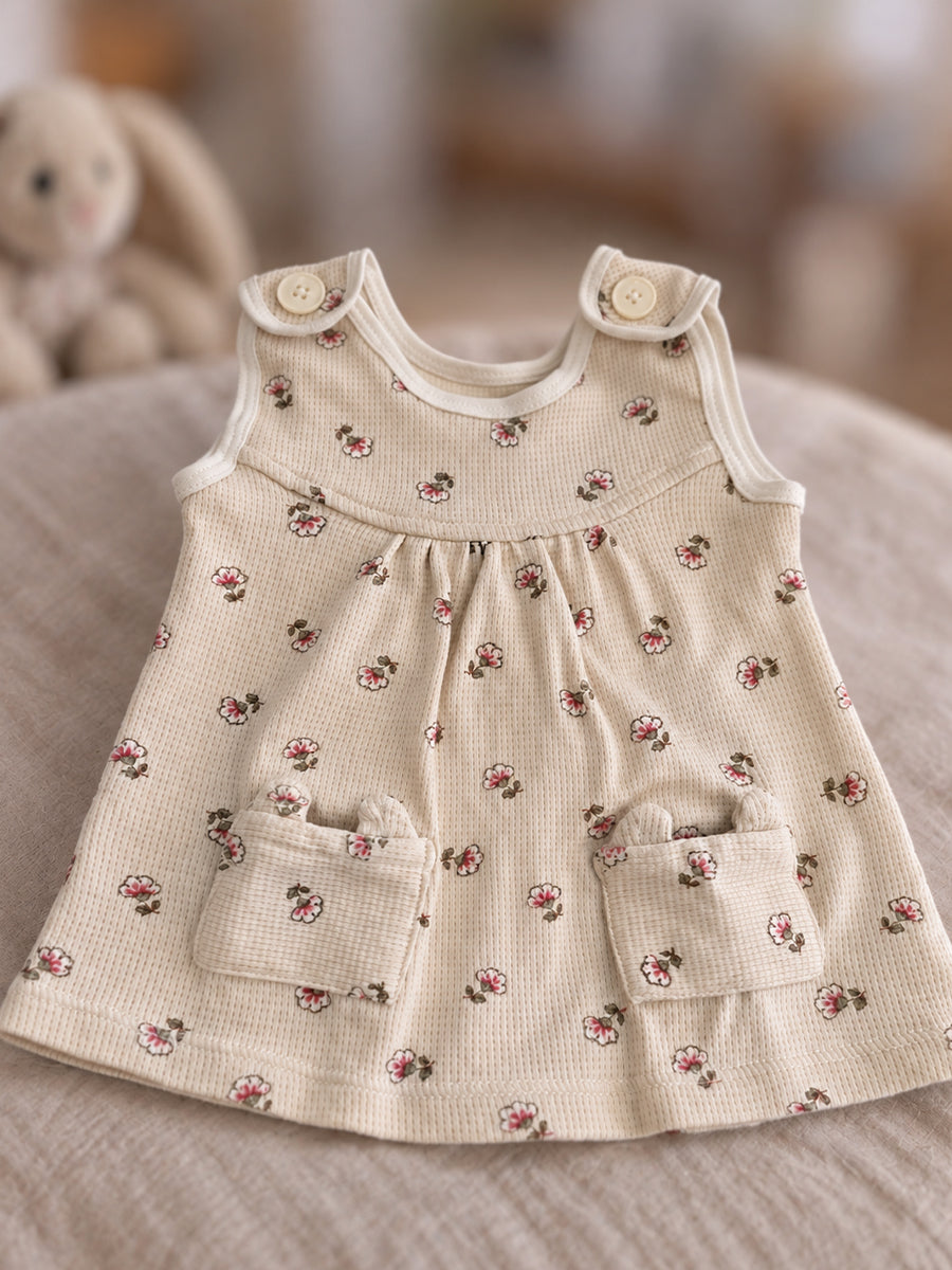 Ziva Baby Girl Frock with Pantie – Soft Cream Tiny Blossom Print | Premium Knitted Cotton | Shoulder Buttons & Front Pockets | 2-Piece Set