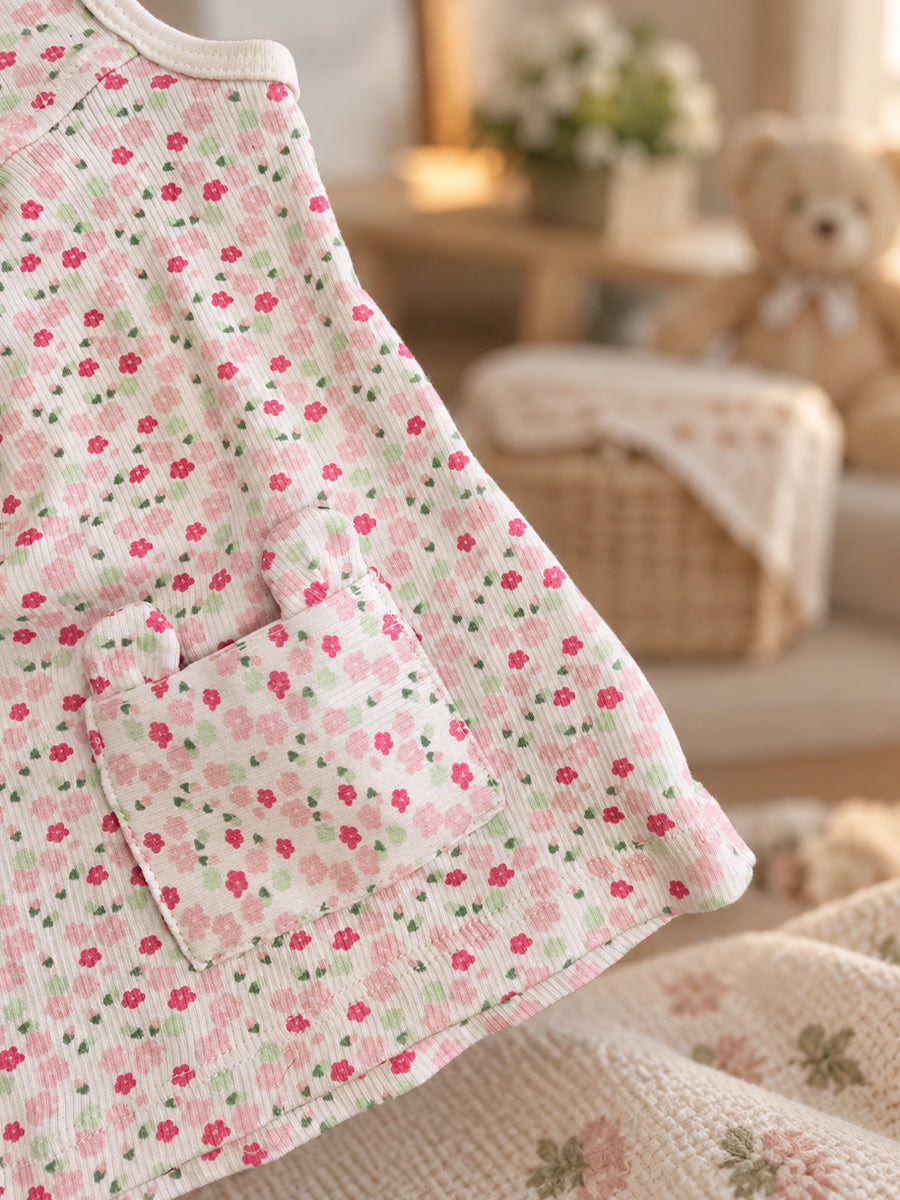 Ziva Baby Girl Frock with Pantie – Soft Cream Tiny Pink Floral Print | Premium Knitted Cotton | Shoulder Buttons & Front Pockets | 2-Piece Set