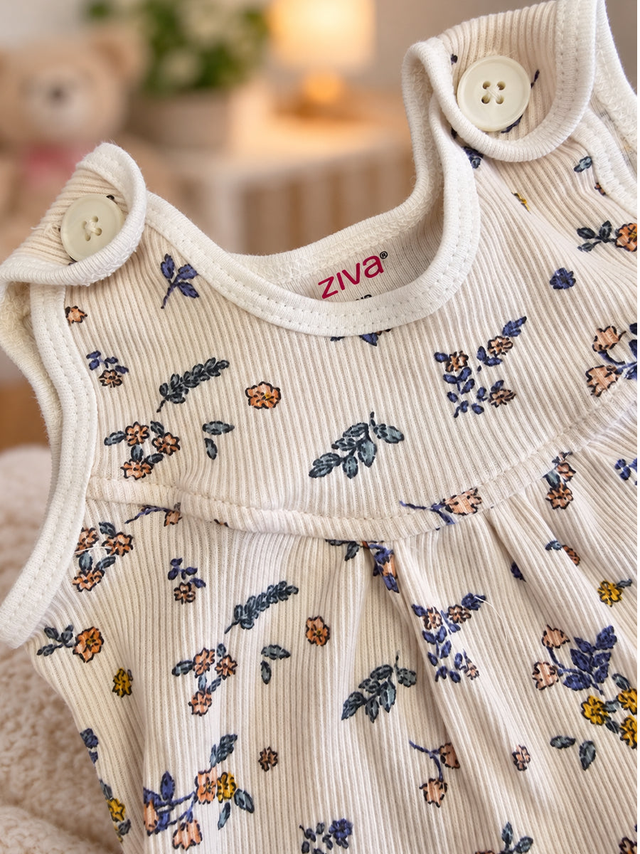 Ziva Baby Girl Frock with Pantie – Soft Cream Blue & Peach Floral Print | Premium Knitted Cotton | Shoulder Buttons & Front Pockets | 2-Piece Set
