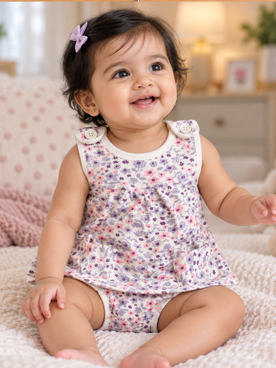 Ziva Baby Girl Frock with Pantie – Soft Cream Lavender & Pink Floral Print | Premium Knitted Cotton | Shoulder Buttons & Front Pockets | 2-Piece Set