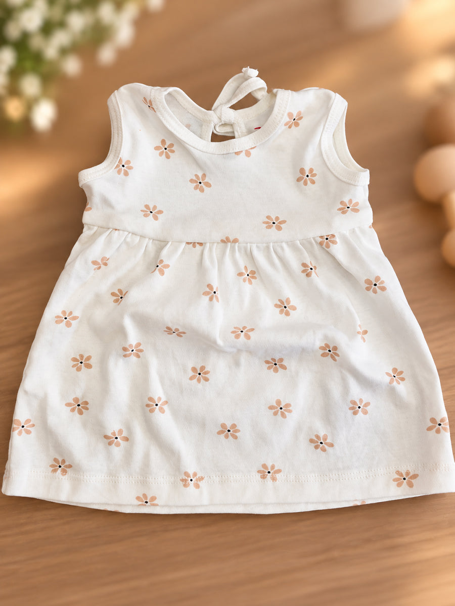 Ziva Baby Girl Frock with Pantie – Off White Beige Daisy Print | Premium Knitted Cotton | Back Knot Tie | 2-Piece Set