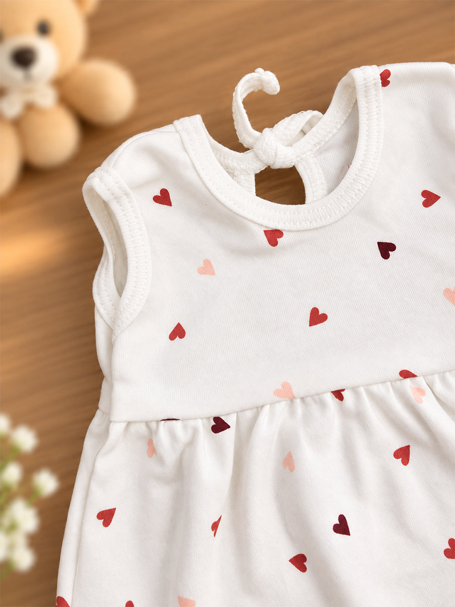 Ziva Baby Girl Frock with Pantie – Off White Multicolour Tiny Heart Print | Premium Knitted Cotton | Back Knot Tie | 2-Piece Set
