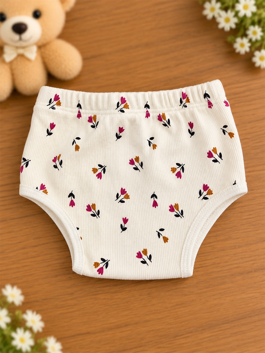 Ziva Baby Girl Frock with Pantie – Off White Tiny Tulip Floral Print | Premium Knitted Cotton | Back Knot Tie | 2-Piece Set