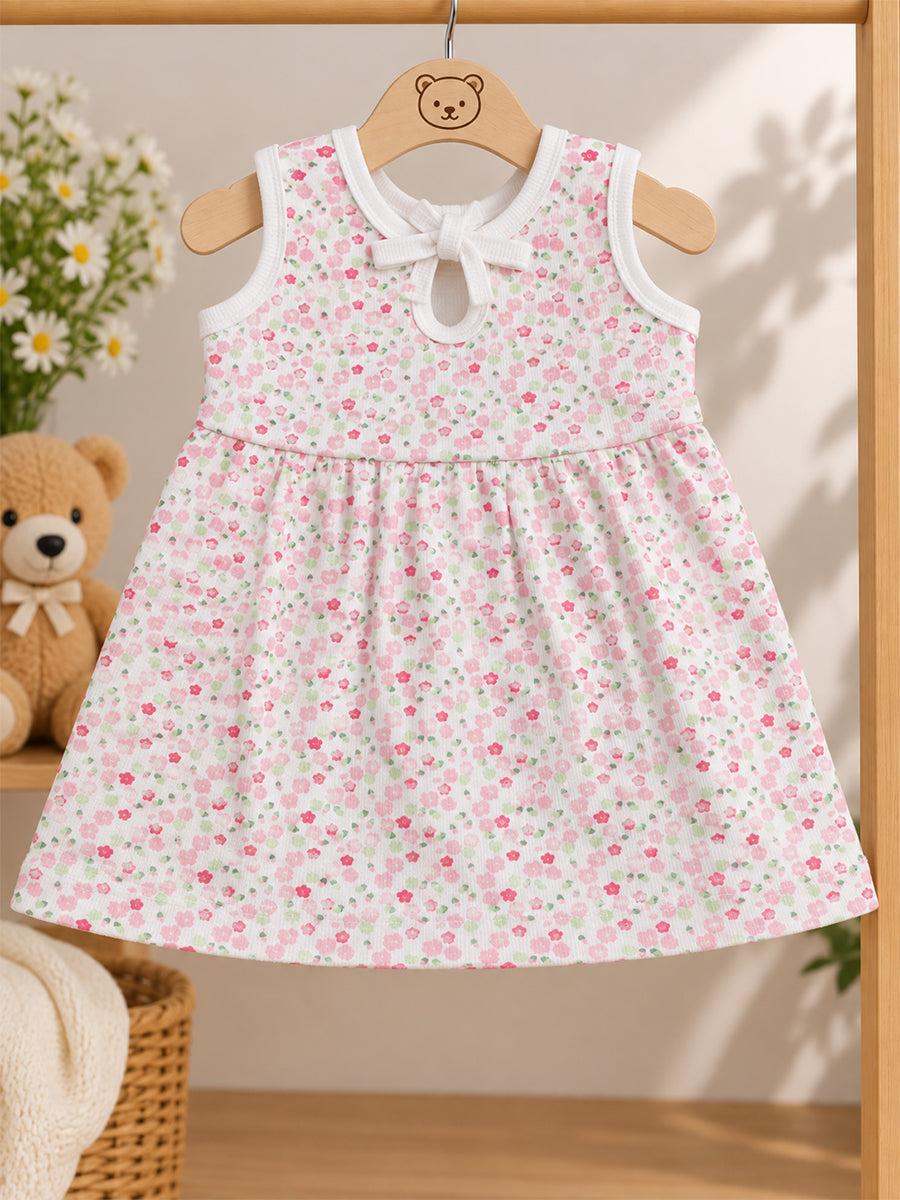 Ziva Baby Girl Frock with Pantie – Off White Pink Blossom Print | Premium Knitted Cotton | Back Knot Tie | 2-Piece Set