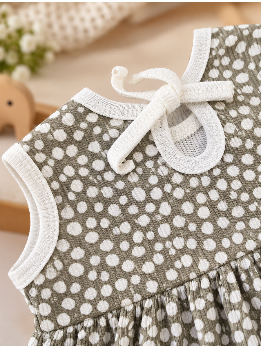 Ziva Baby Girl Frock with Pantie – Olive Sage White Pebble Print | Premium Knitted Cotton | Back Knot Tie | 2-Piece Set