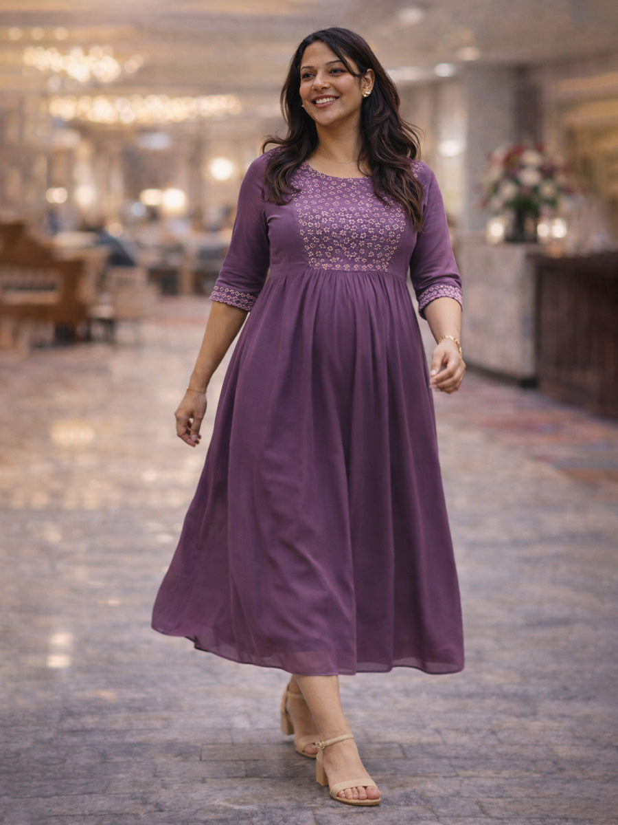 ZIVA Maternity & Feeding Elegant Purple Party Wear Dress with Pleated Yoke & D-Net Sleeves