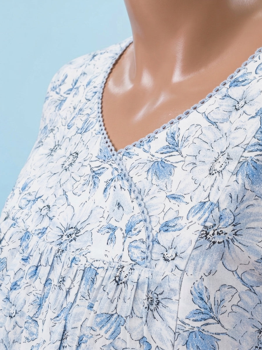Ziva Cotton Maternity & Feeding Short Nighty with Pocket and Two Side Invisible Feeding Zips  – Light Blue Floral
