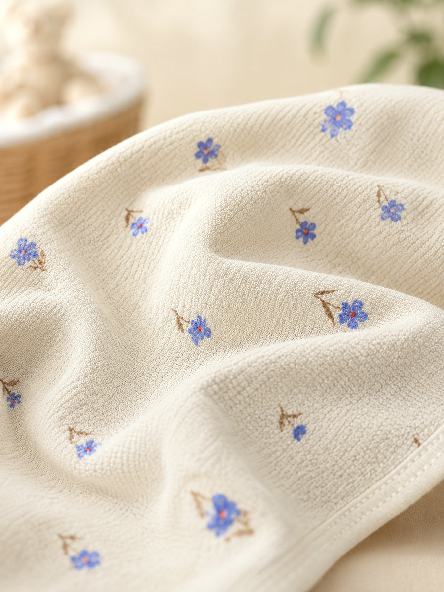 Ziva Baby Bath Towel – Off White | Dusty Blue Floral Print | Cotton | Mini Waffle Weave