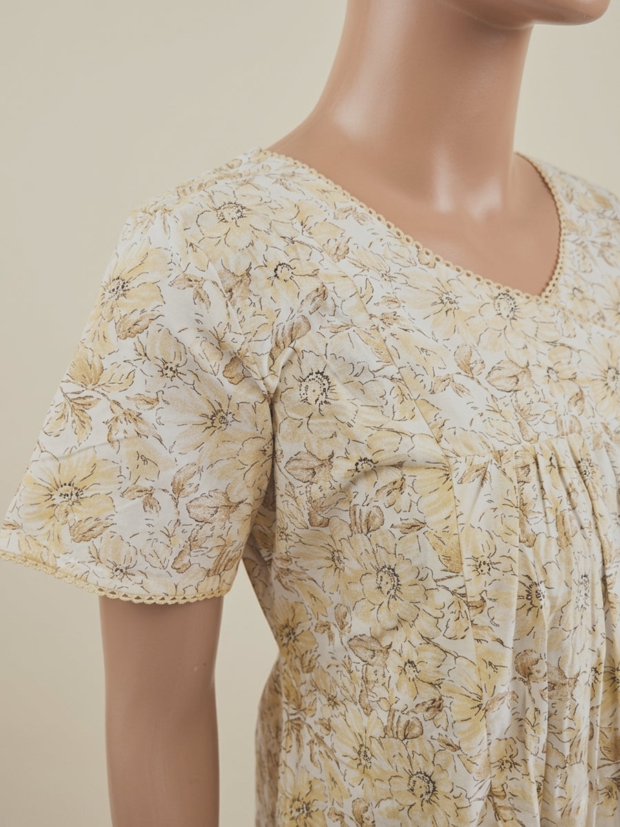 Ziva Cotton Maternity & Feeding Short Nighty with Pocket and Two Side Invisible Feeding Zips  – Yellow Floral