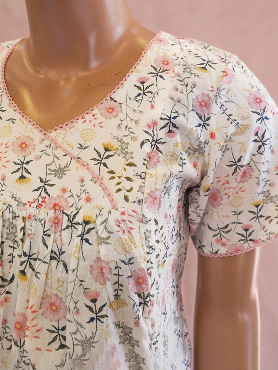 Ziva Cotton Maternity & Feeding Short Nighty with Pocket and Two Side Invisible Feeding Zips  – Pink & Yellow Floral