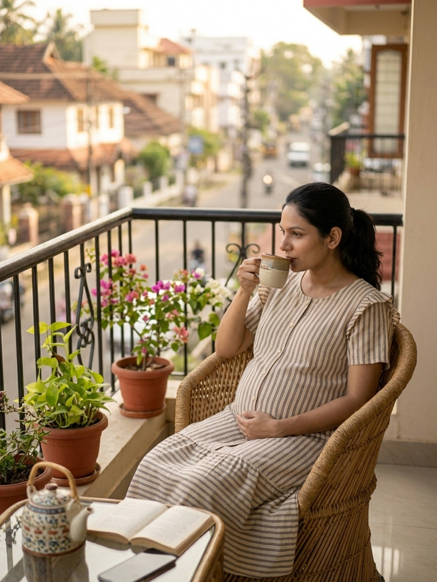 Ziva Maternity & Feeding Full Open Short Nighty with Full Button & Pocket – Cream & Black Stripes