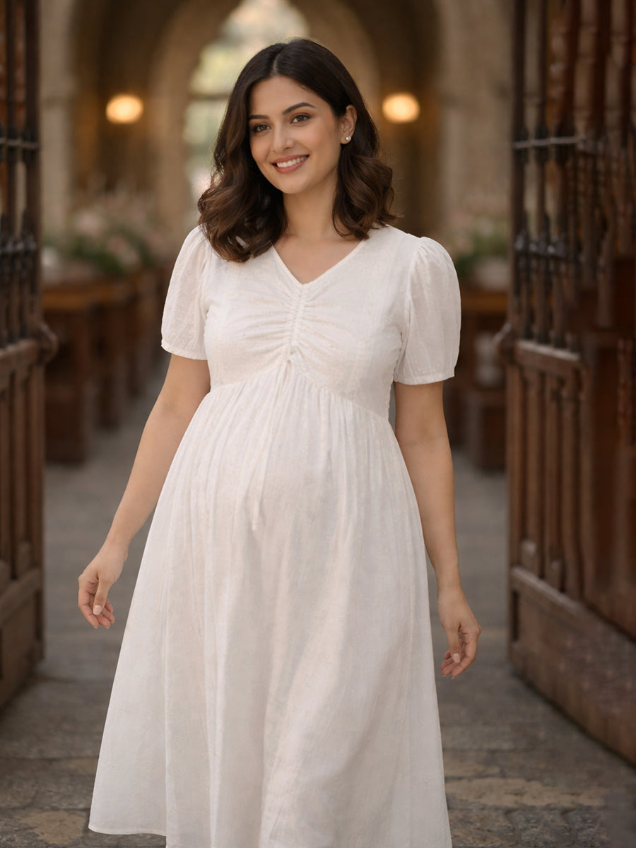 Ziva White Cotton Maternity & Feeding Dress with Bead & Thread Work – Easter Edition | Festive Collection