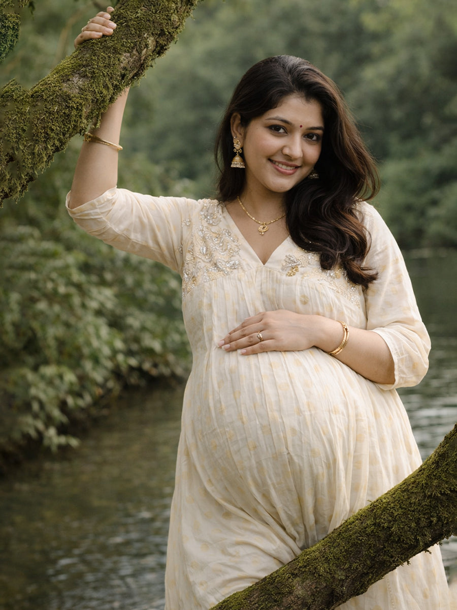 Ziva Maternity & Feeding Cotton Midi Dress with Concealed Zip – Off-White Gold Polka Vishu & Festive Collection