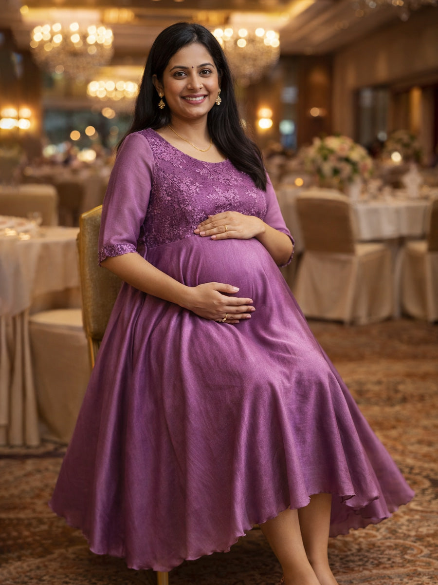ZIVA Elegant Purple Maternity & Feeding Multi-Purpose Party Wear Dress with Princess Yoke & D-Net Sleeves