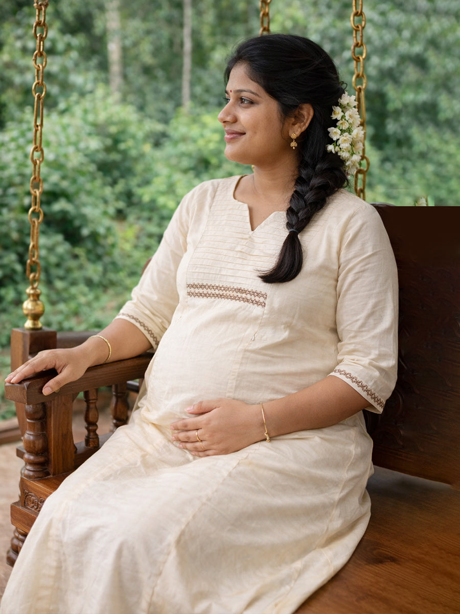 Ziva Maternity & Feeding Cotton Midi Dress with Lace Detail & Concealed Zip – Off-White Vishu & Festive Collection