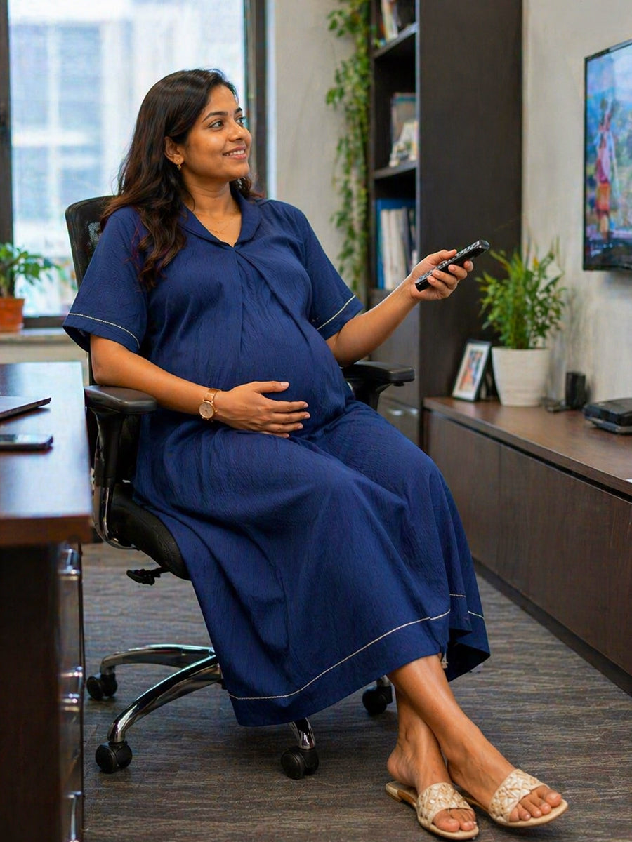Ziva Maternity & Feeding A-Line Dress with Zip & Pocket – Deep Blue