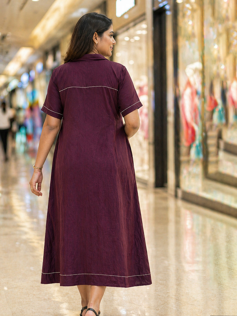 Ziva Maternity & Feeding  A-Line Dress with Zip & Pocket – Maroon