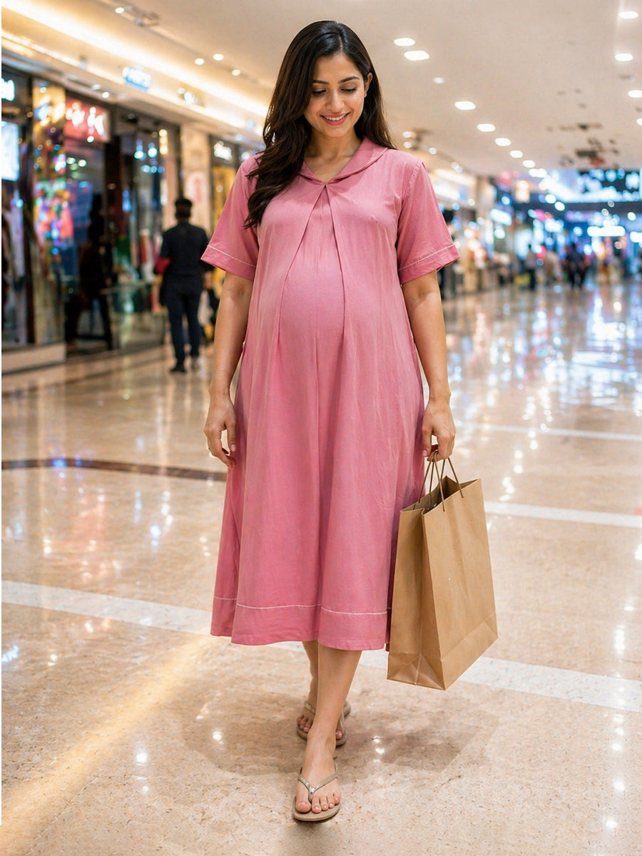 Ziva Maternity & Feeding  A-Line Dress with Zip & Pocket – Faded Pink