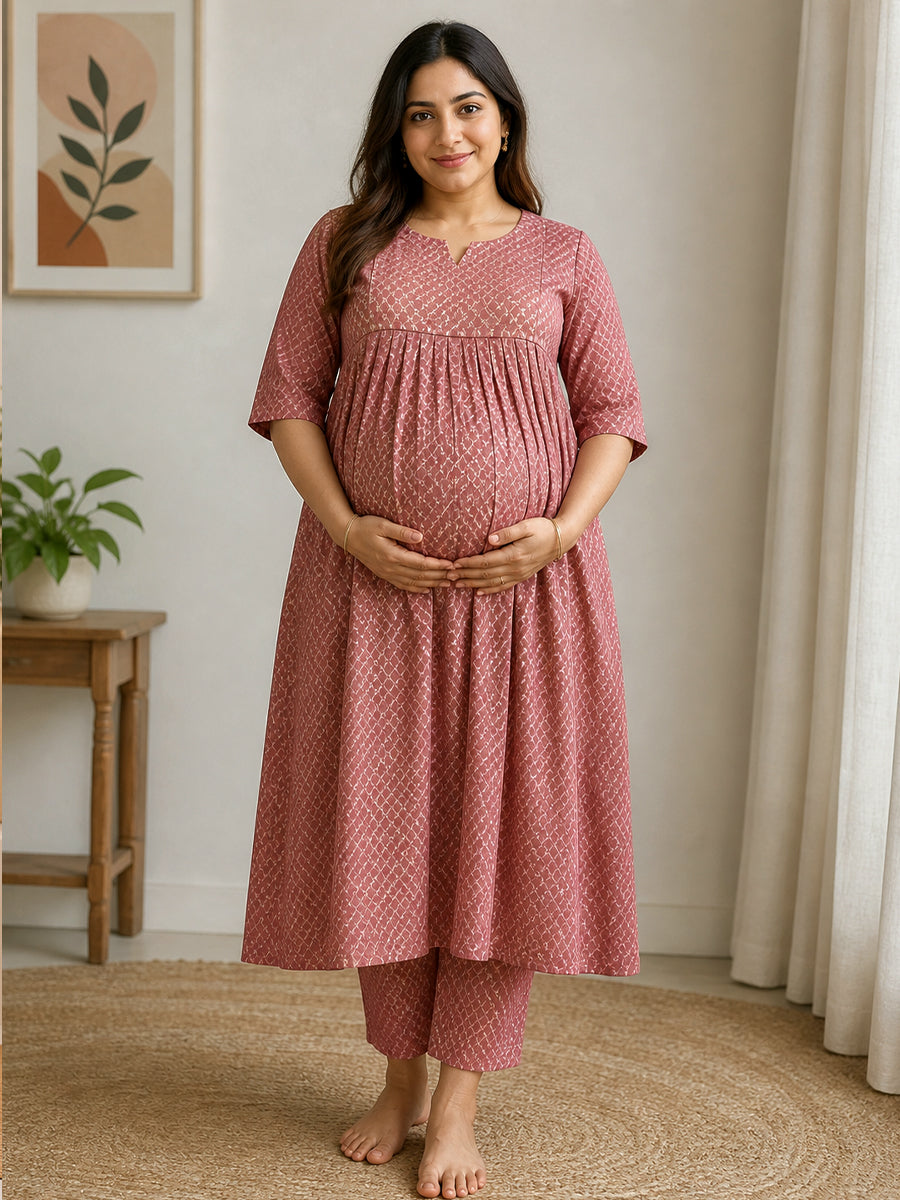 Ziva Maternity & Feeding Ethnic Co-ord Set with Nursing Zip & Wide-Leg Adjustable Pant – Dusty Rose Gold Print
