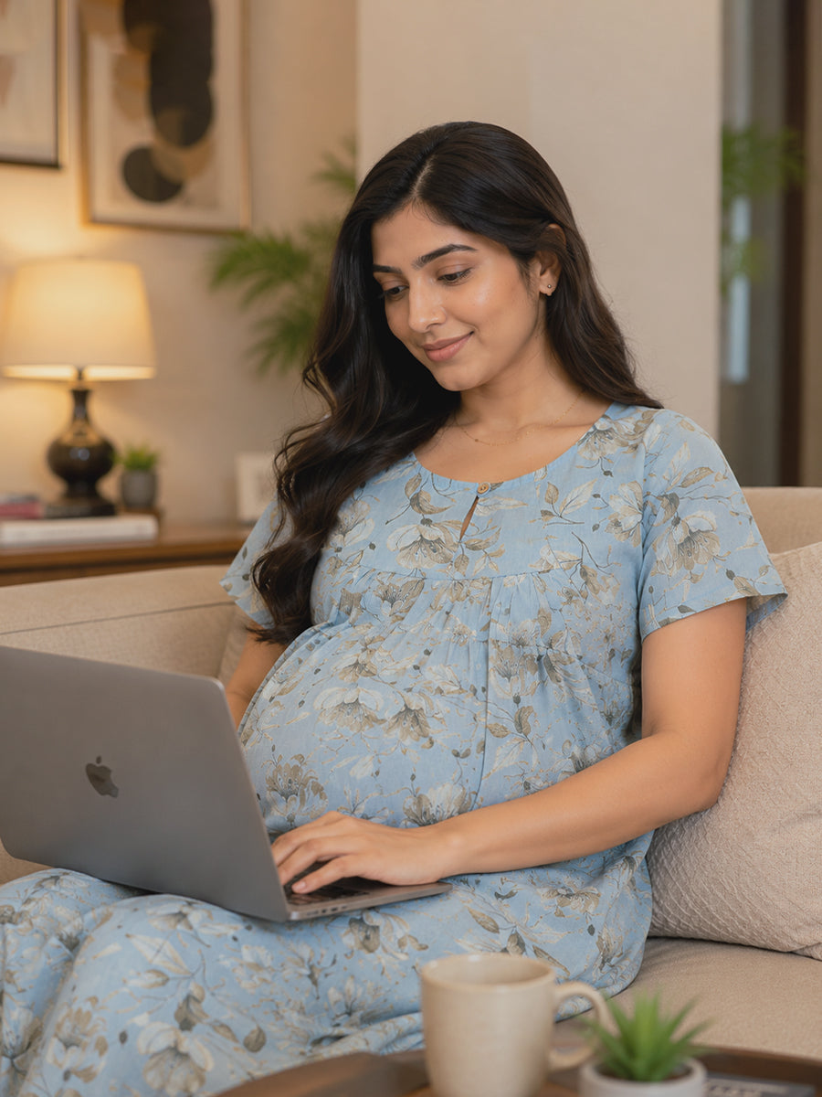 Ziva Maternity & Feeding Cotton Short Nighty with Zip & Pocket – Powder Blue Floral