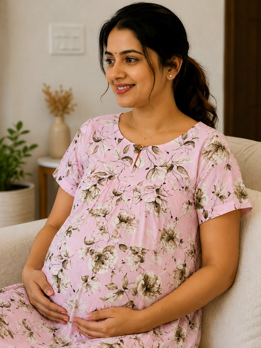 Ziva Maternity & Feeding Cotton Short Nighty with Zip & Pocket – Light Pink Floral