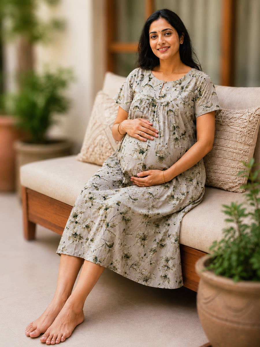 Ziva Maternity & Feeding Cotton Short Nighty with Zip & Pocket – Ash Green Floral