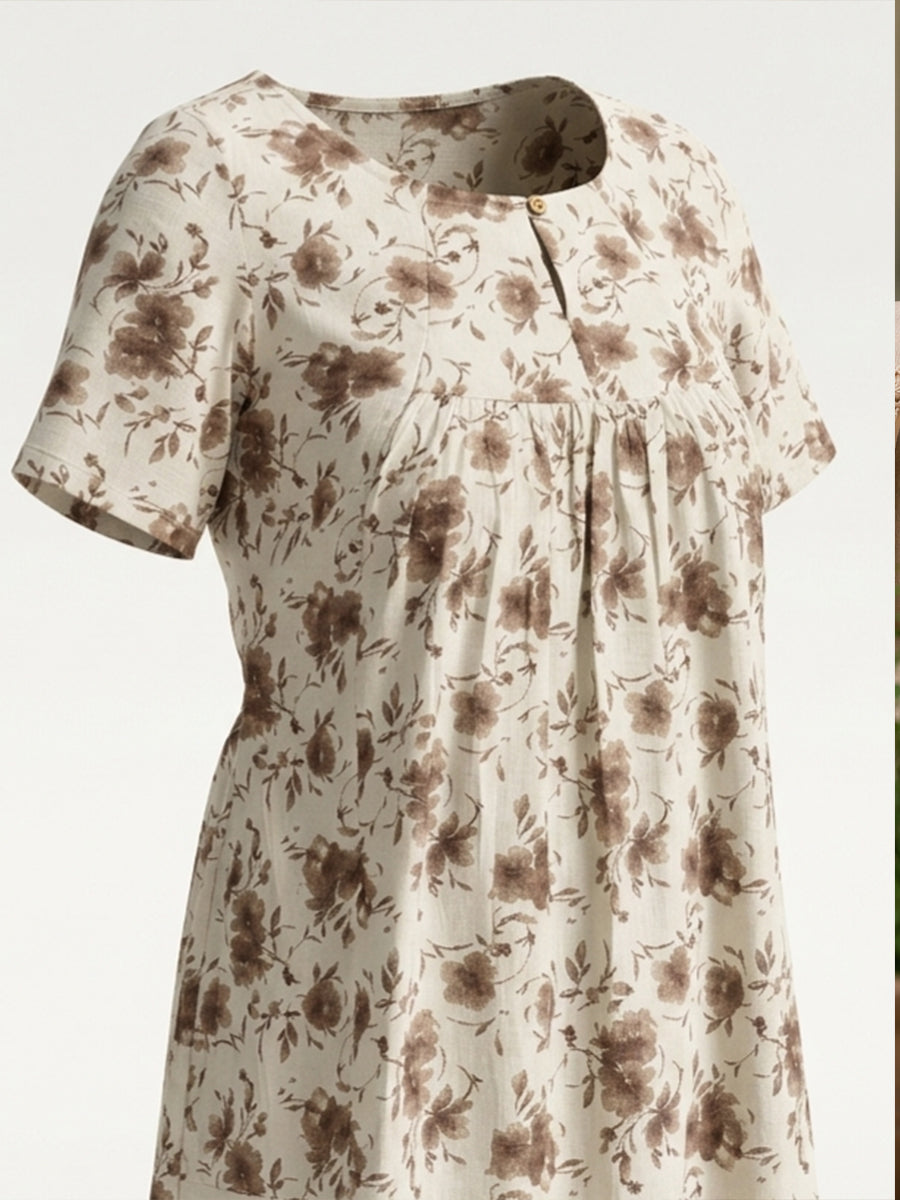 Ziva Maternity & Feeding Cotton Short Nighty with Zip & Pocket – White & Brown Ditsy Floral