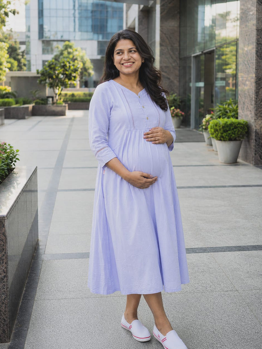 Ziva Maternity & Feeding Crinkle Textured Dress with Invisible Feeding Zip & Pocket – Lavender