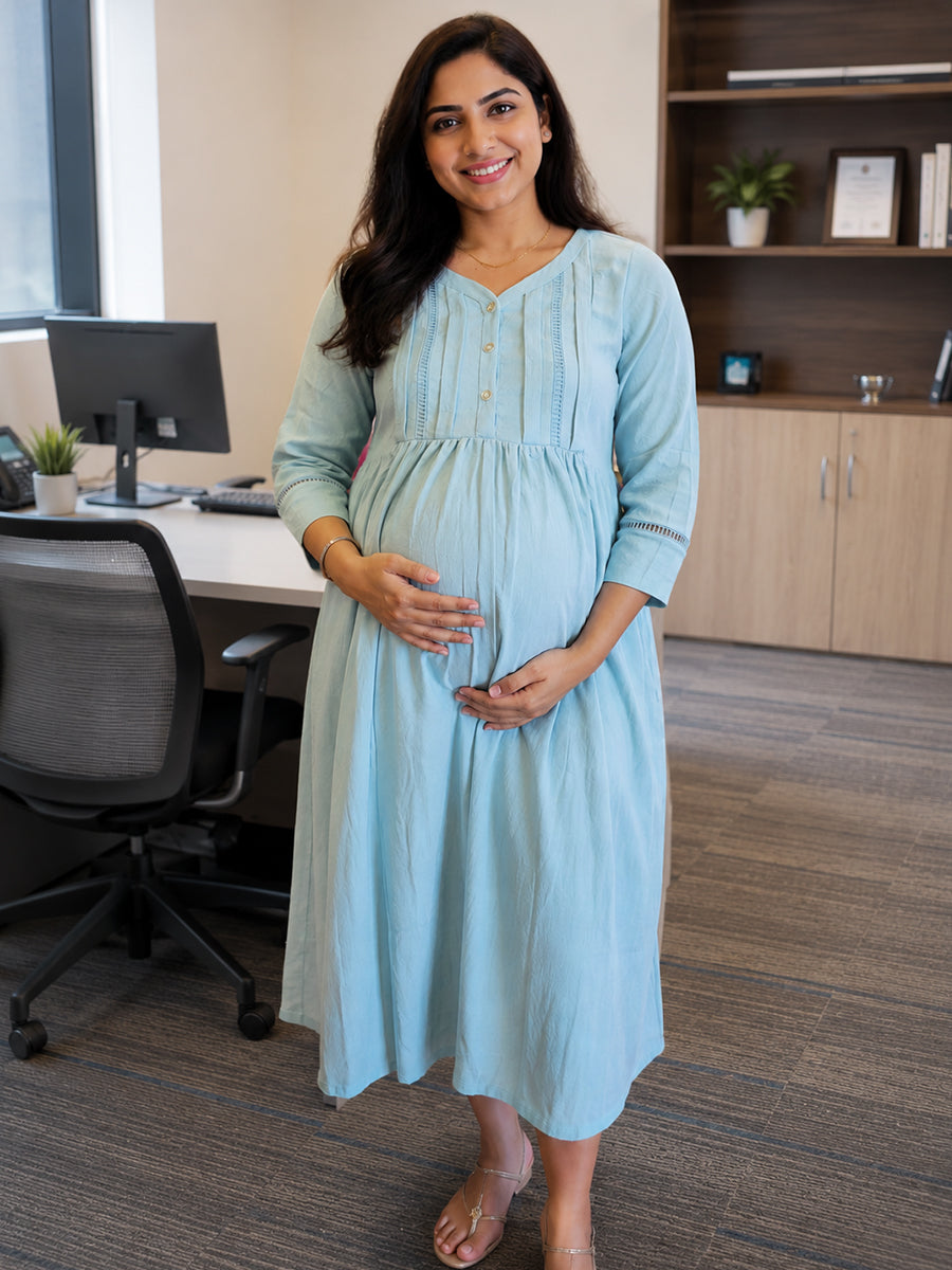 Ziva Maternity & Feeding Crinkle Textured Dress with Invisible Feeding Zip & Pocket – Light Teal Blue