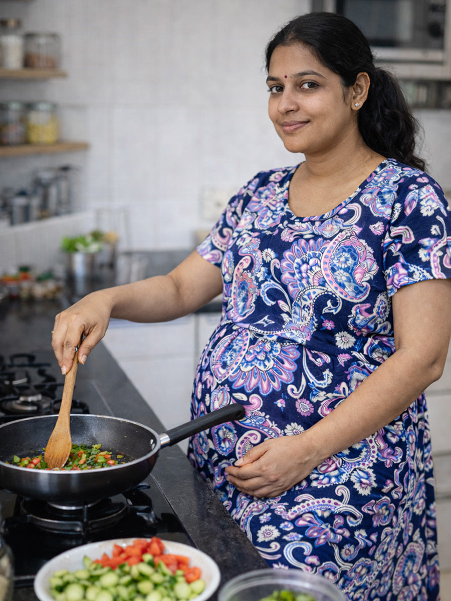 ZIVA Navy Paisley Zipless Maternity & Feeding Dress with Adjustable Tie and Side Pocket