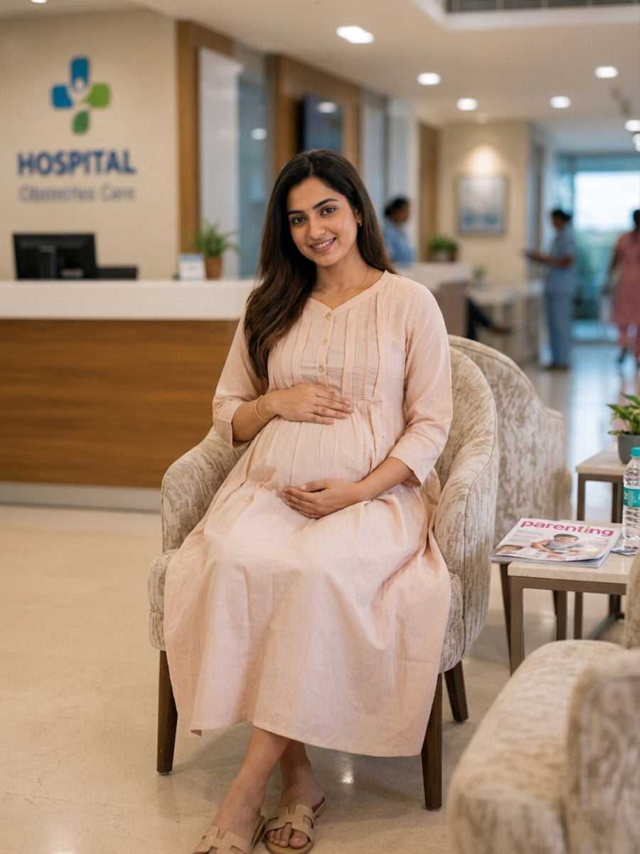 Ziva Maternity & Feeding Crinkle Textured Dress with Invisible Feeding Zip & Pocket – Peachy Pink