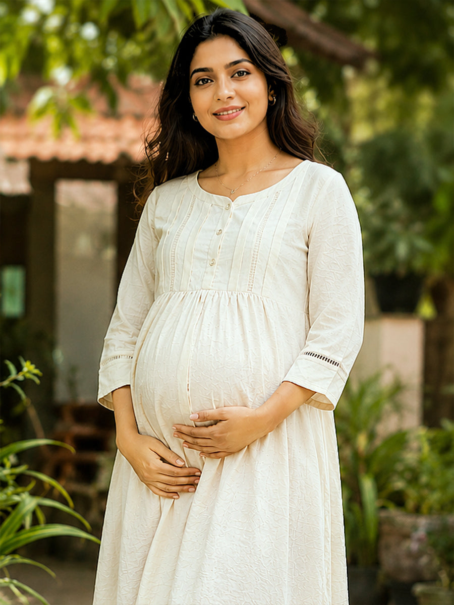 Ziva Maternity & Feeding Crinkle Textured Dress with Invisible Feeding Zip & Pocket – Cream