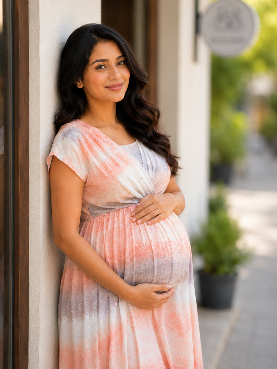 Ziva Maternity & Feeding Knitted Cotton Midi Dress with Zipless Feeding Access & Pocket – Pastel Peach Ombre Tie-Dye