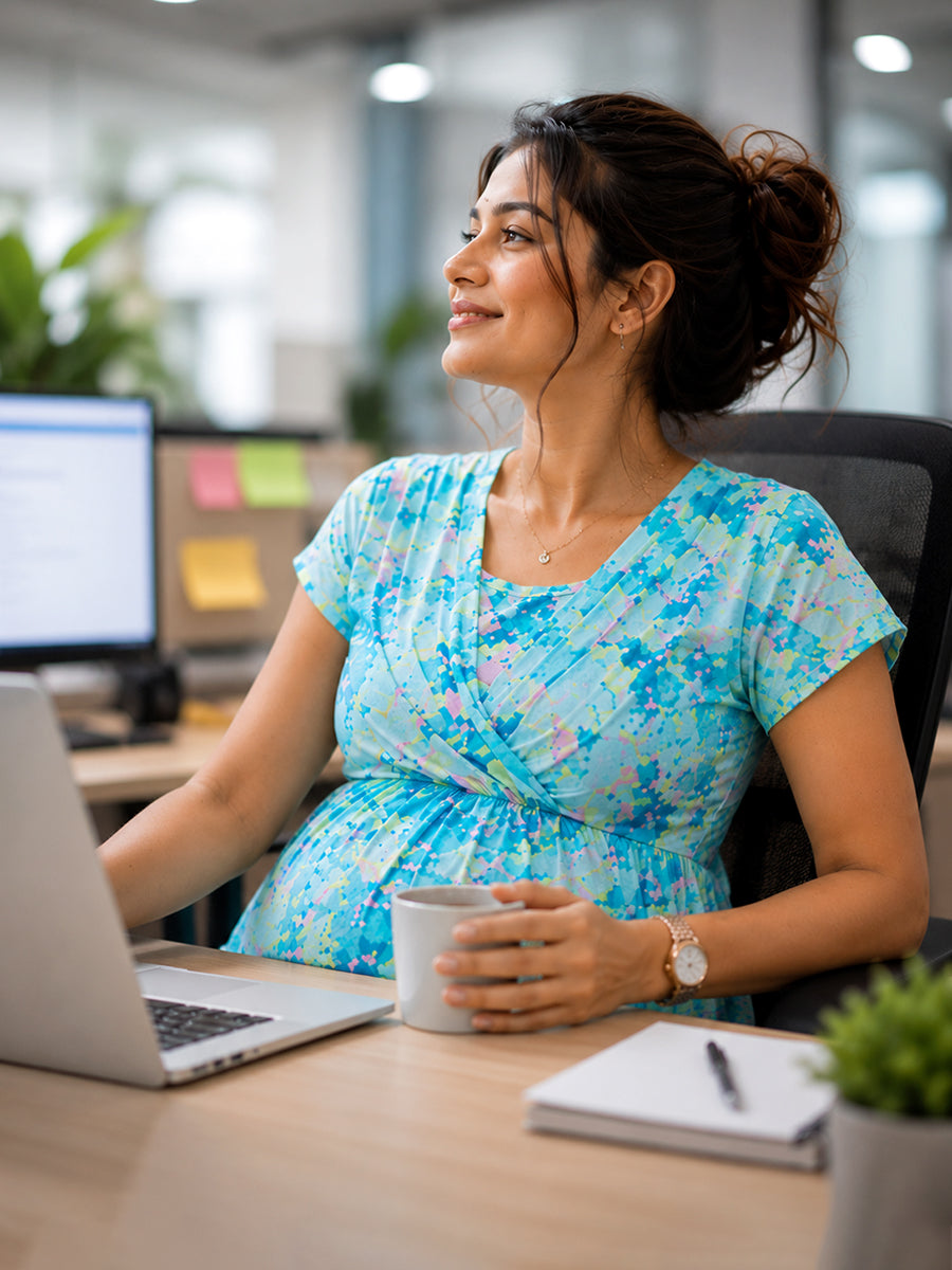 Ziva Maternity & Feeding Knitted Cotton Midi Dress with Zipless Feeding Access & Pocket – Light Teal Blue Multi Tie-Dye