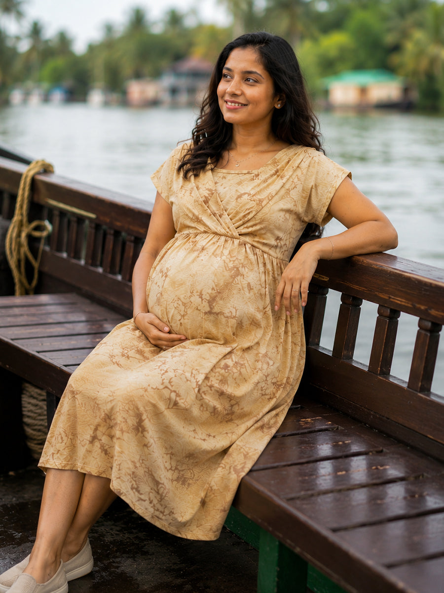 Ziva Maternity & Feeding Knitted Cotton Midi Dress with Zipless Feeding Access & Pocket – Light Golden Brown Tie-Dye