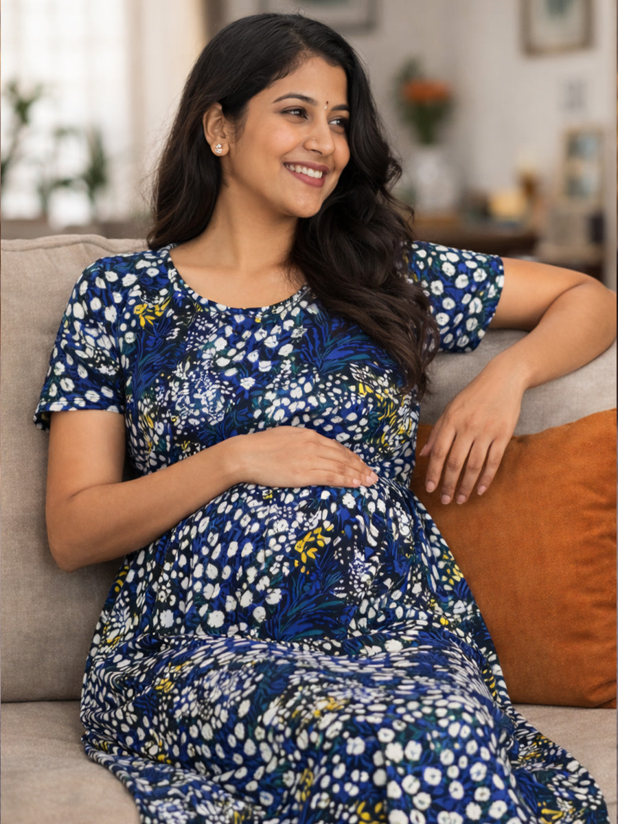 ZIVA Black Floral Zipless Maternity & Feeding Dress with Adjustable Tie and Side Pocket