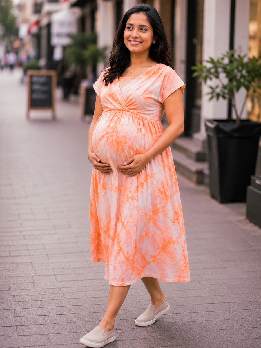 Ziva Maternity & Feeding Knitted Cotton Midi Dress with Zipless Feeding Access & Pocket – Orange Tie-Dye