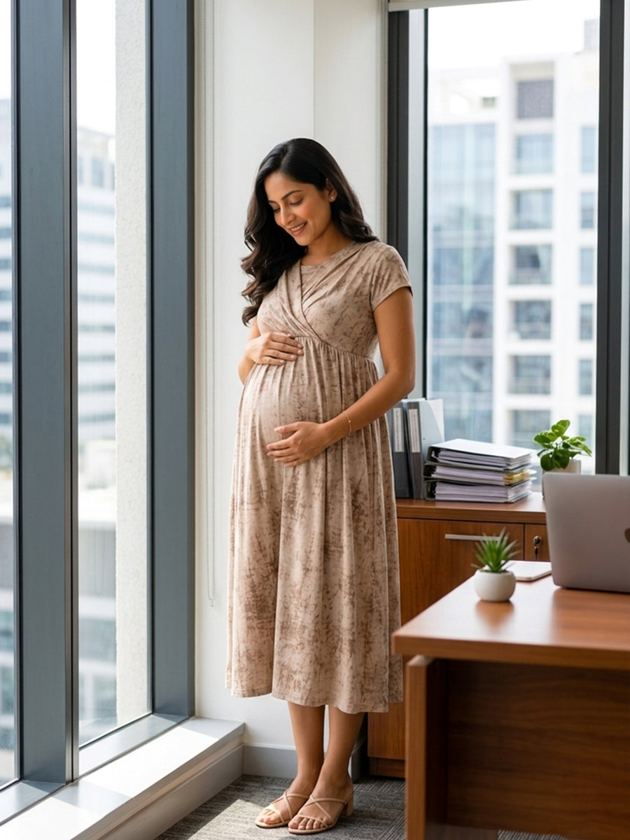 Ziva Maternity & Feeding Knitted Cotton Midi Dress with Zipless Feeding Access & Pocket – Brown Sugar Tie-Dye