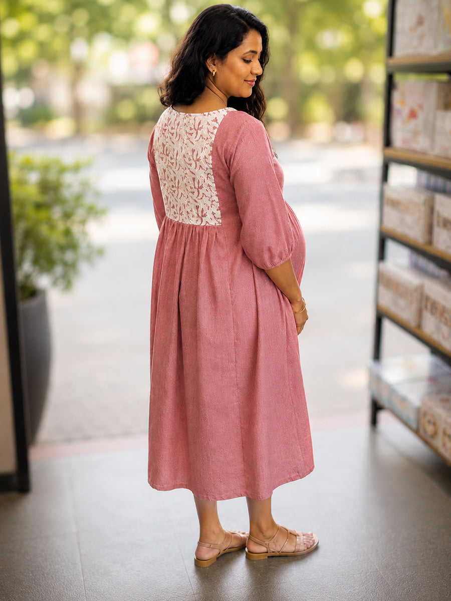 Ziva Maternity & Feeding Crushed Textured Shimmer Fabric Dress with Invisible Feeding Zip & Side Pocket – Pink