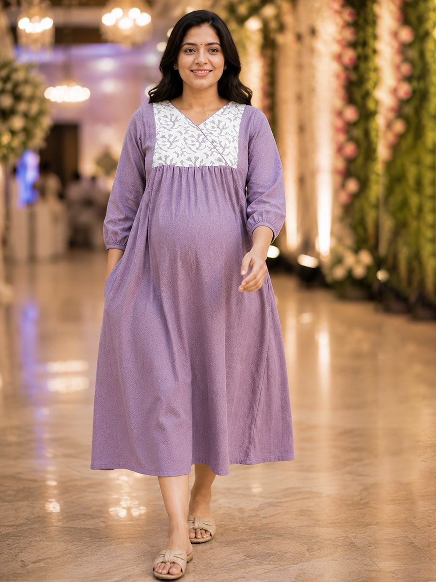 Ziva Maternity & Feeding Crushed Textured Shimmer Fabric Dress with Invisible Feeding Zip & Side Pocket – Dusty Mauve