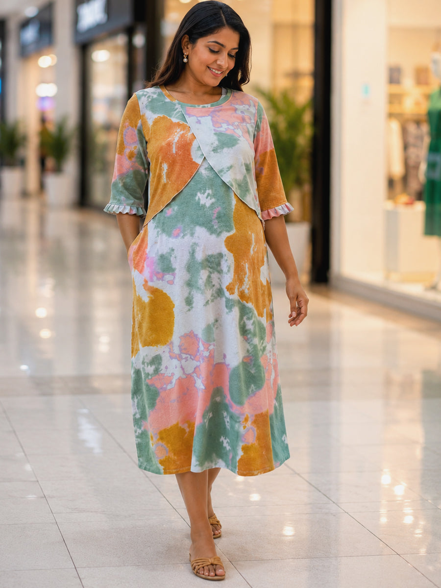 Ziva Maternity & Feeding Knitted Cotton Maxi Dress with Zipless Feeding Access & Pocket – Pastel Green Abstract Tie-Dye