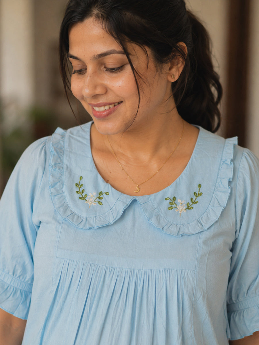 Ziva Maternity & Feeding Cotton Short Frock Nighty with Elegant Embroidered Peter Pan Collar, Invisible Feeding Zips & Pocket – Light Blue